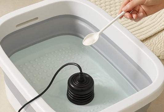 A hand adds a spoonful of powder into a foot bath tub