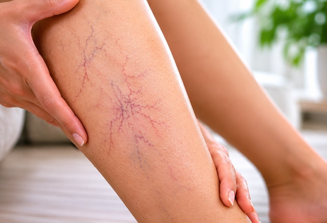 A person’s leg, showing where spider veins typically appear