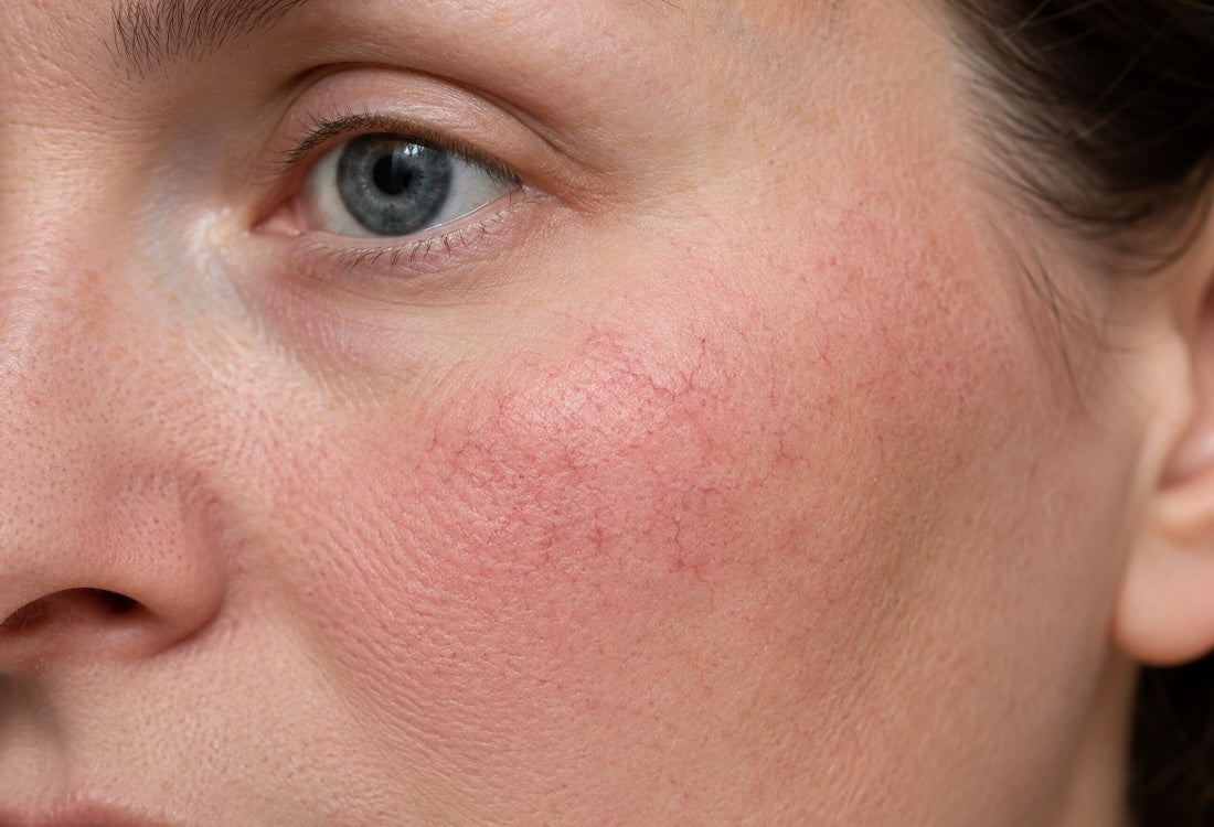 Close-up of a person’s face, showing broken capillaries appearing as red and pink lines on their cheeks