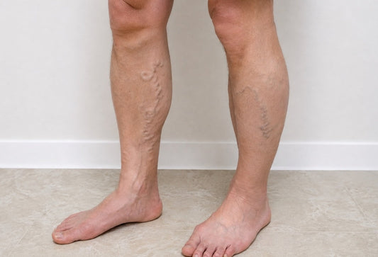 Person's lower legs with mild to moderate varicose veins, standing barefoot on a tiled floor