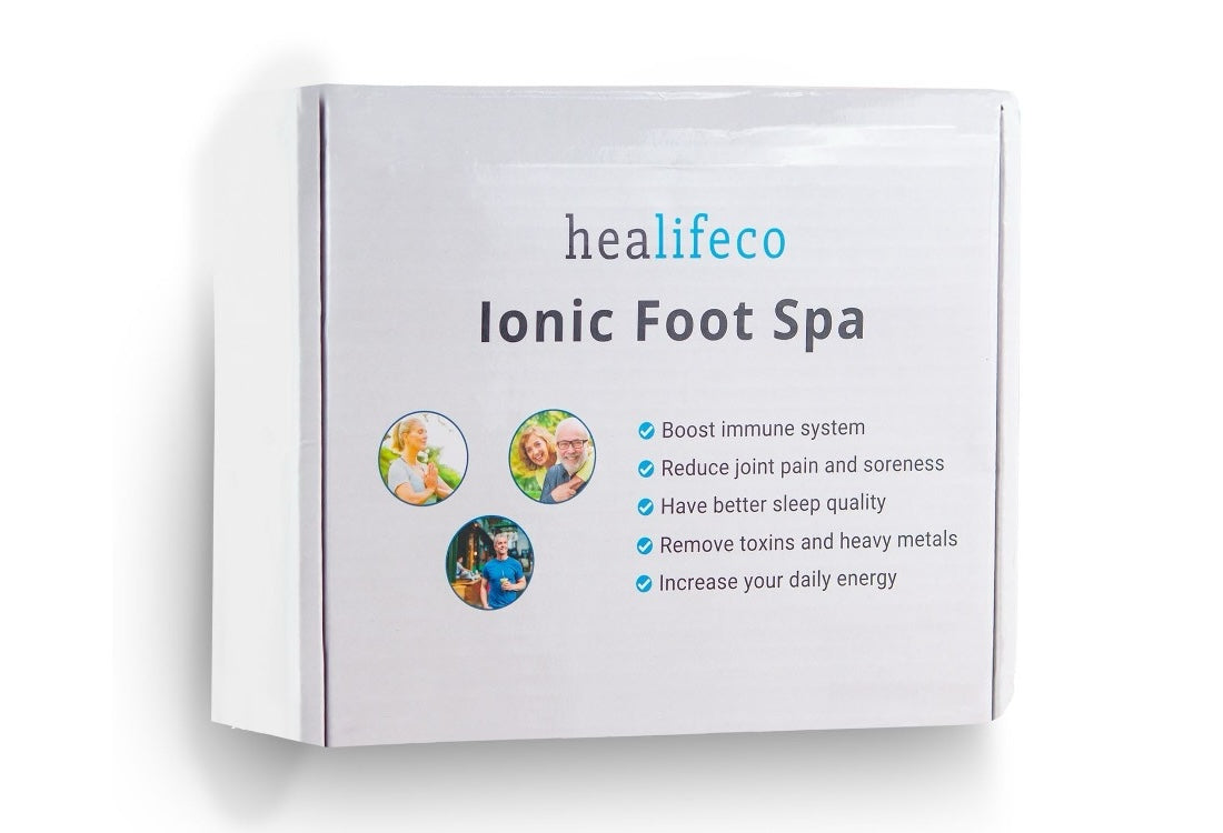 White HealifeCo Ionic Foot Spa box with product name and a list of marketed benefits
