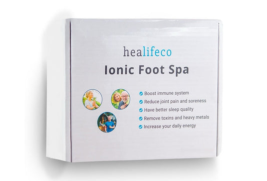 White HealifeCo Ionic Foot Spa box with product name and a list of marketed benefits