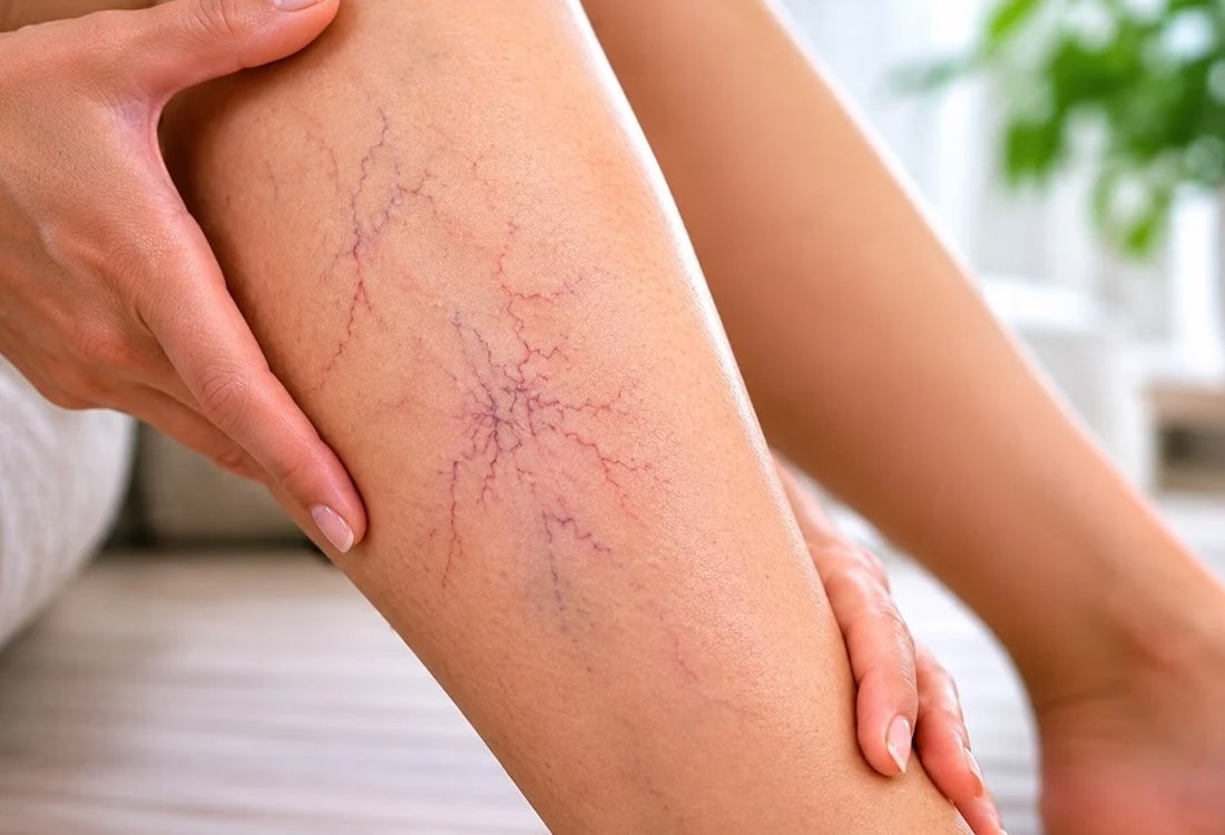 Woman seated, touching her lower leg, which shows visible spider veins